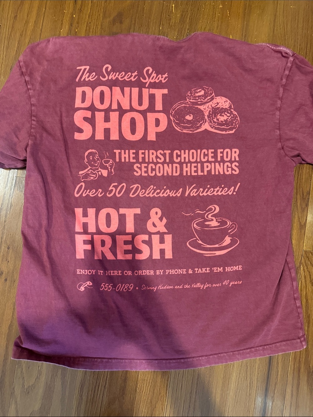 American Eagle Outfitters Maroon Tee with Pink Donut Shop Graphic